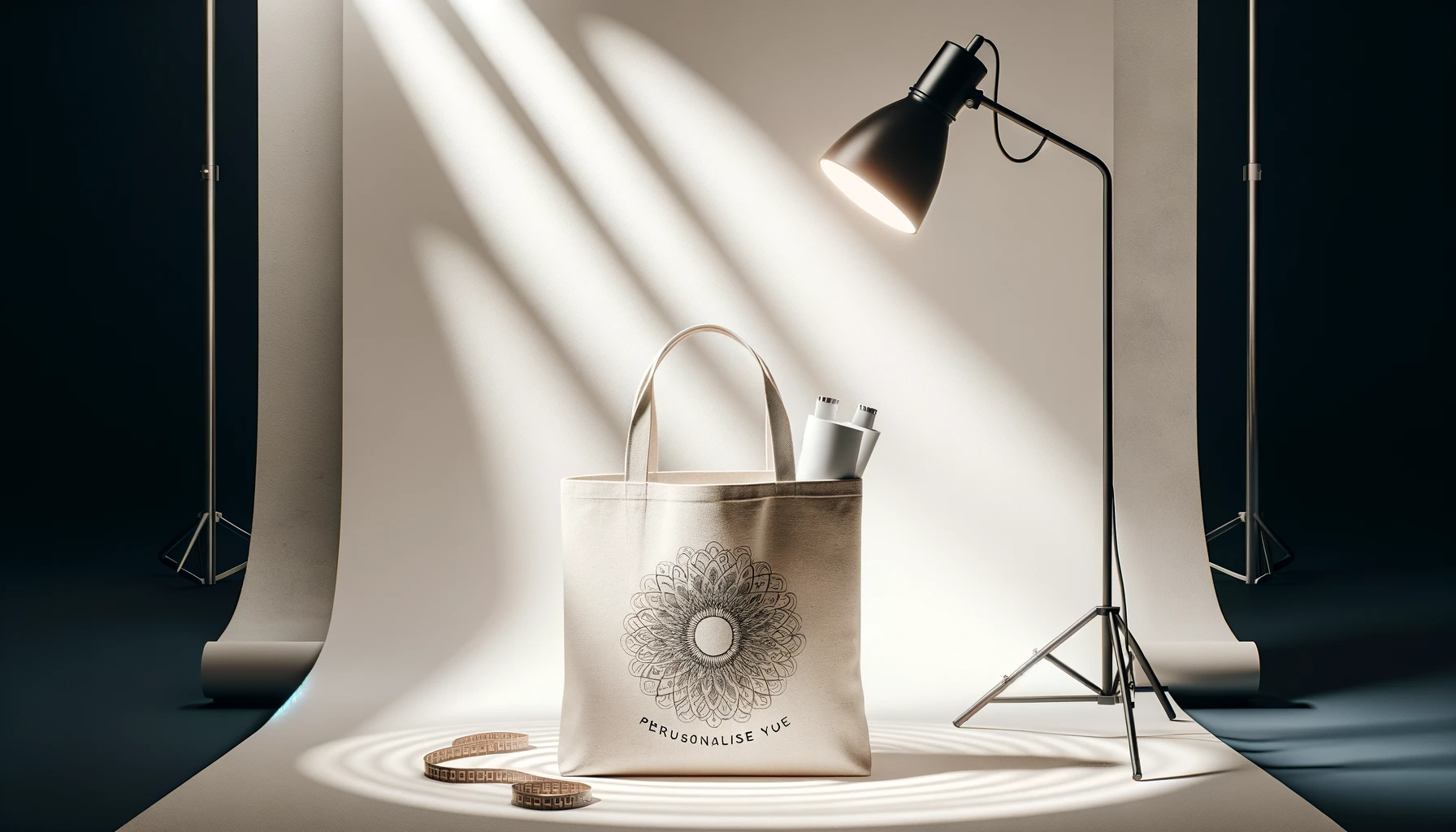 Affichage élégant et simple d'un tote bag personnalisé avec un design unique, sur un fond minimaliste évoquant un studio de mode.